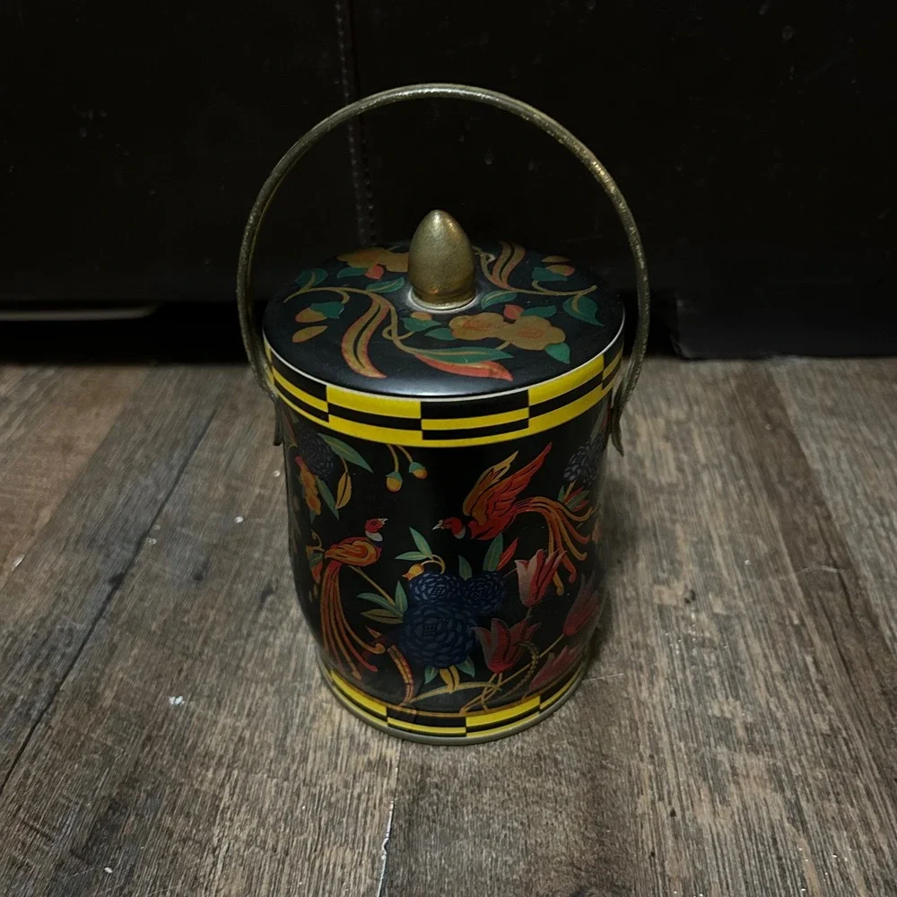 Vintage Murray-Allen Regal Crown‎ Pheasant Floral Metal Tin with Handle Black